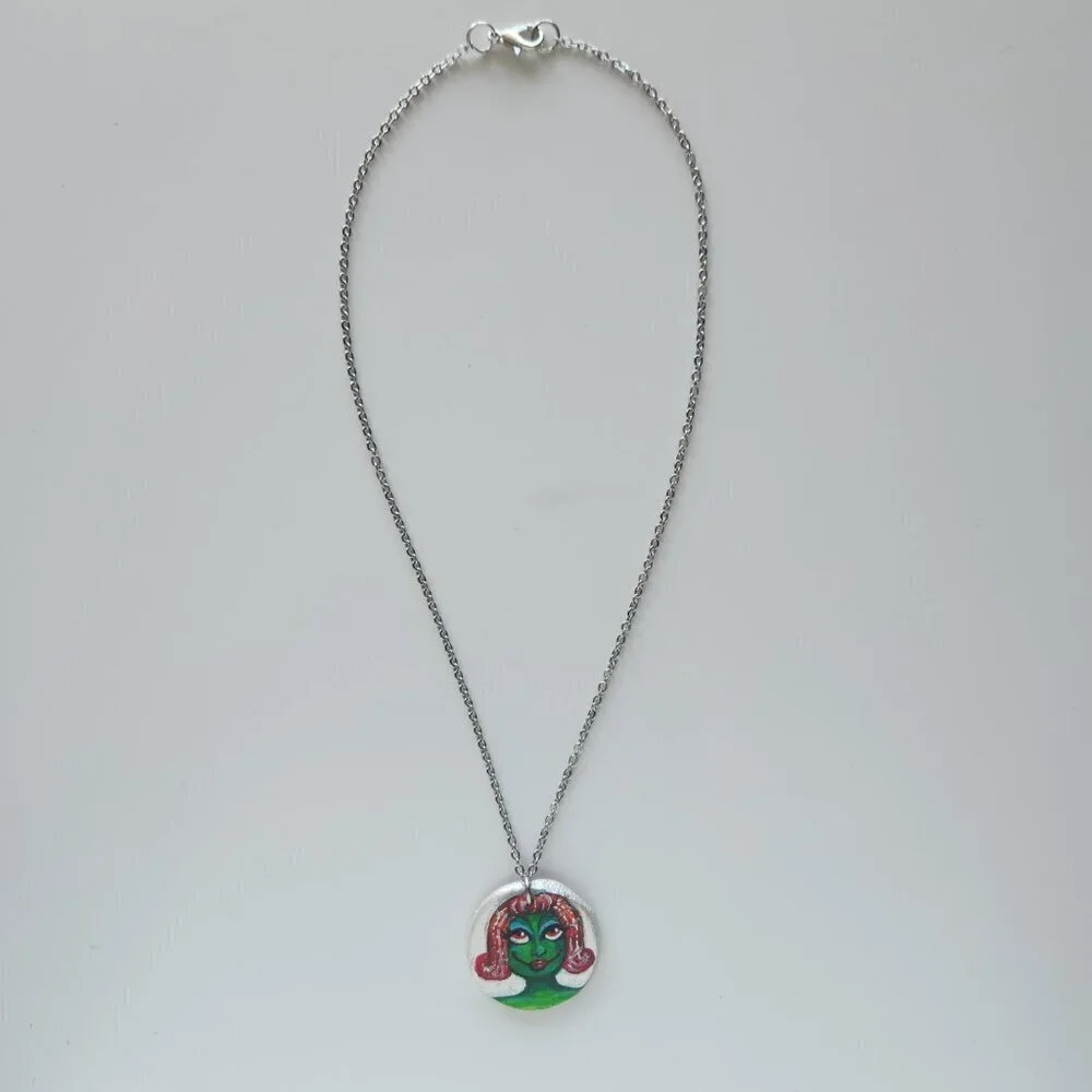 Unique colourful green witch pendant on a dainty silver chain - Picture 8 of 13